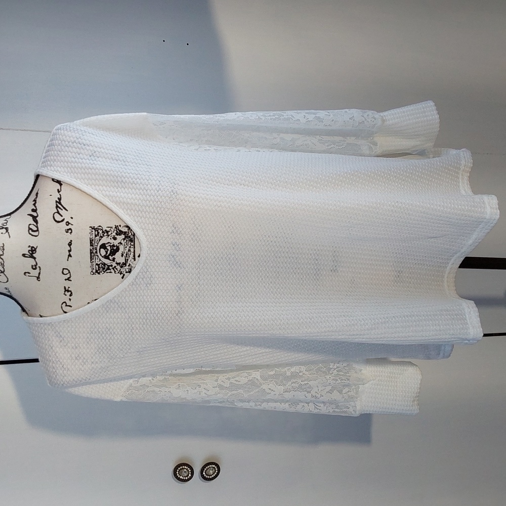 Shein- Womens White Waffle knit Texture Top Sheer lace sleeves New! Sz.1X